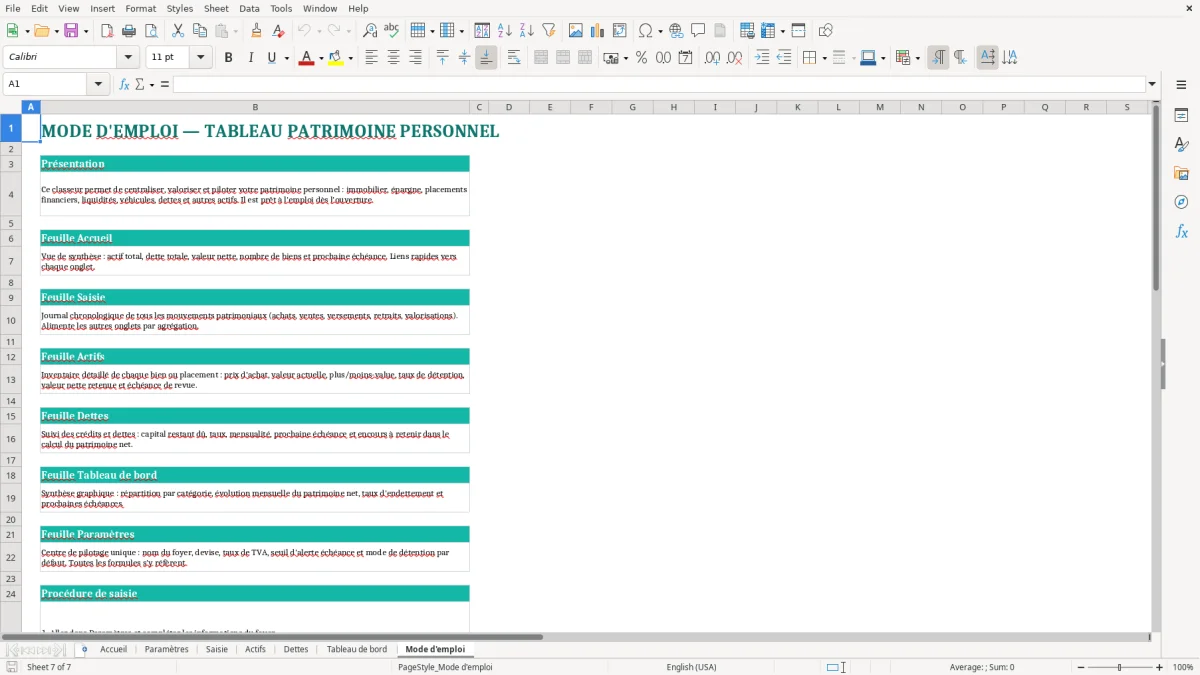 Capture d'écran 7 : Feuille Mode d'emploi - Modèle Excel tableau patrimoine personnel excel
