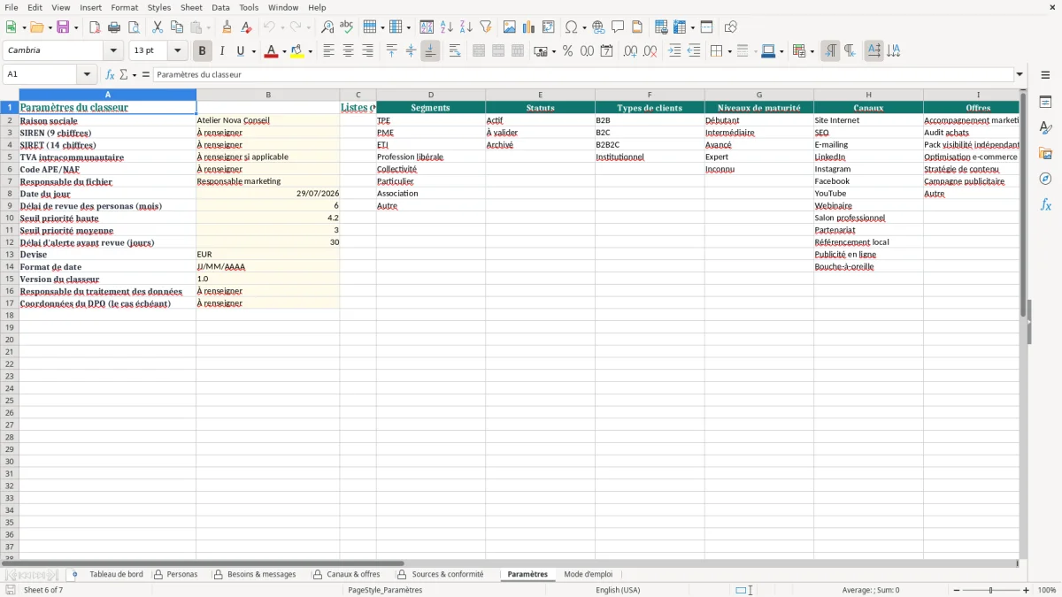 Capture d'écran 6 : Feuille Paramètres - Modèle Excel tableau personas marketing excel