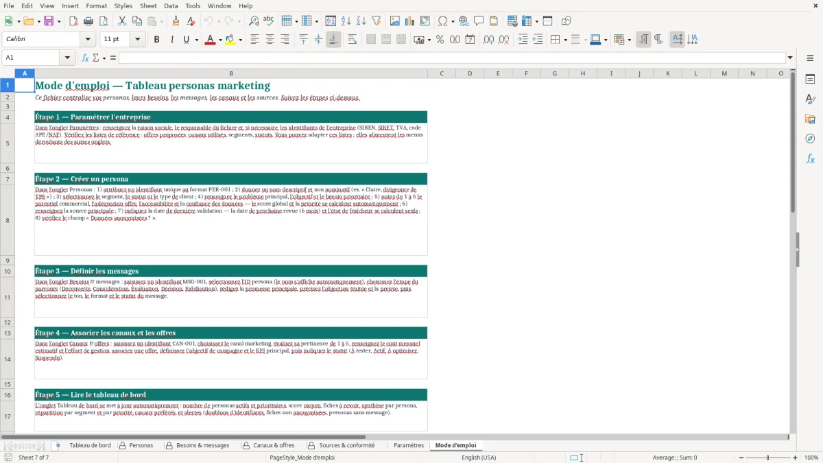 Capture d'écran 7 : Feuille Mode d'emploi - Modèle Excel tableau personas marketing excel