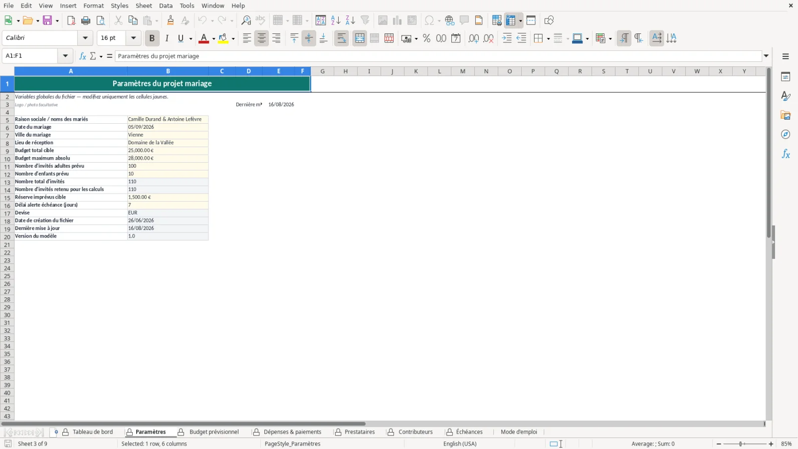 Capture de la feuille Listes du modèle Excel Budget Mariage Excel – Modèle Gratuit (2026)
