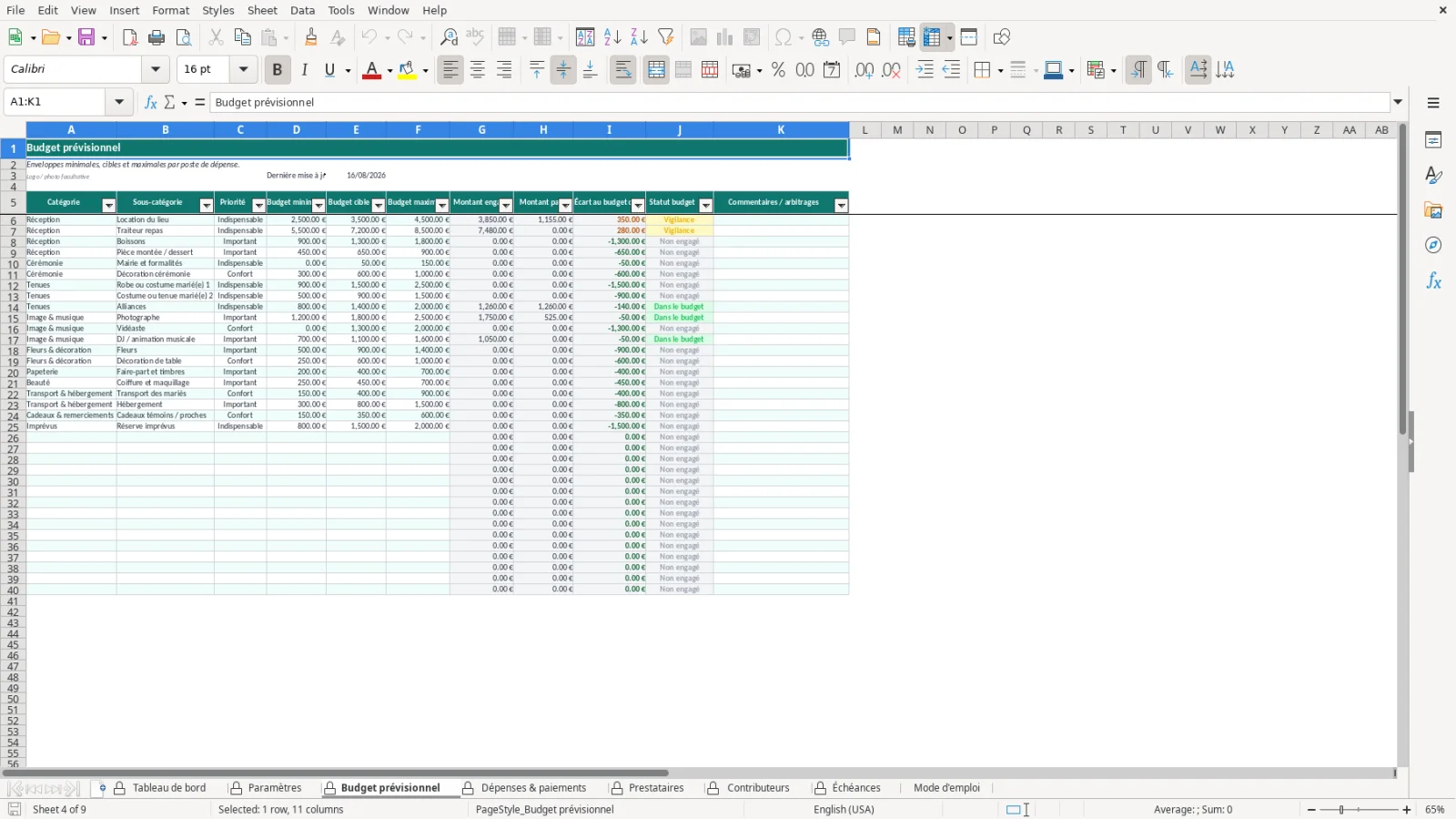 Capture de la feuille Paramètres du modèle Excel Budget Mariage Excel – Modèle Gratuit (2026)