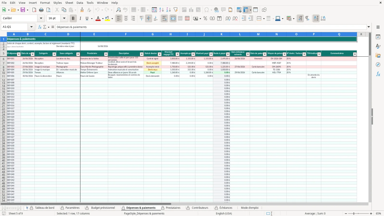 Capture de la feuille Budget prévisionnel du modèle Excel Budget Mariage Excel – Modèle Gratuit (2026)
