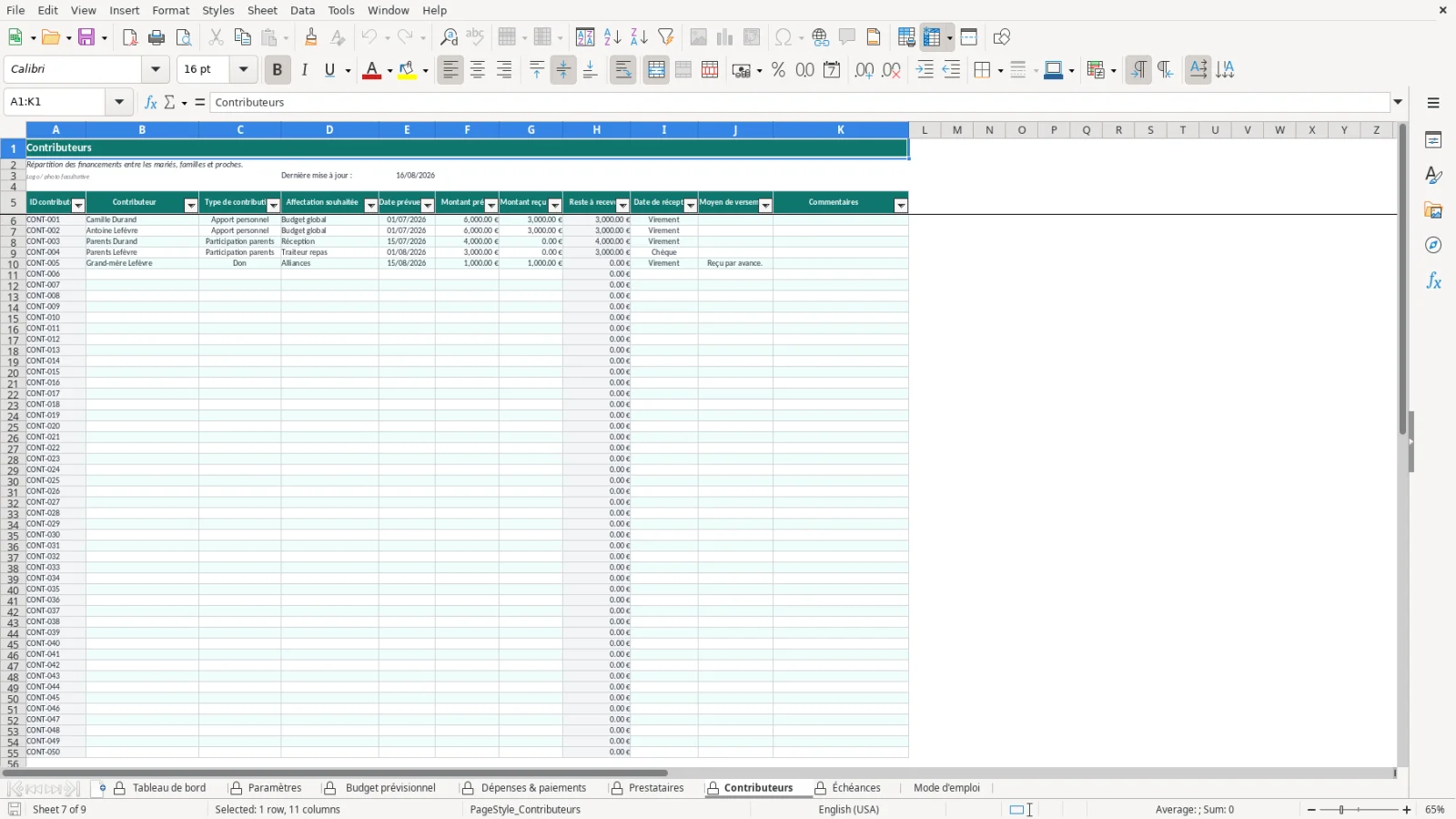 Capture de la feuille Prestataires du modèle Excel Budget Mariage Excel – Modèle Gratuit (2026)