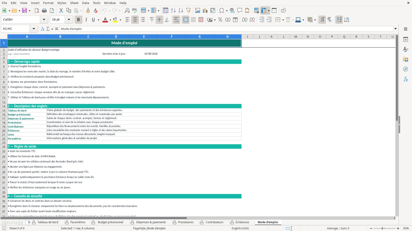 Capture de la feuille Échéances du modèle Excel Budget Mariage Excel – Modèle Gratuit (2026)