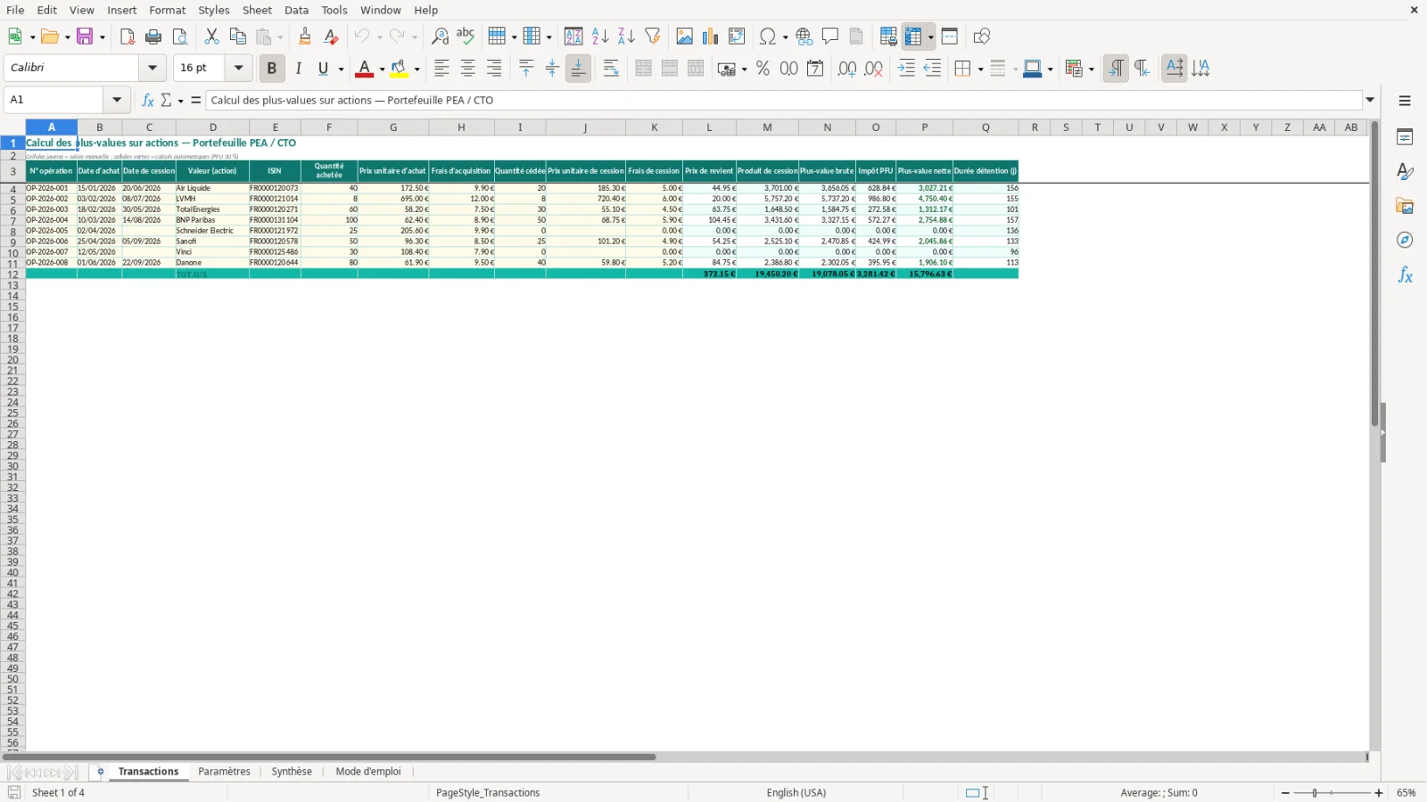 Capture de la feuille Transactions du modèle Excel Plus-Value Actions Excel – Modèle Gratuit (2026)