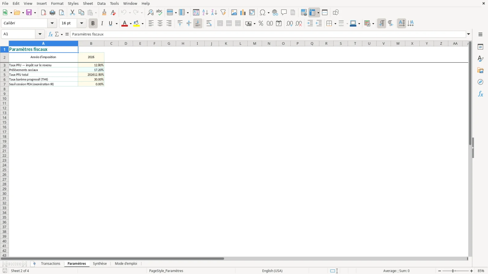 Capture de la feuille Paramètres du modèle Excel Plus-Value Actions Excel – Modèle Gratuit (2026)