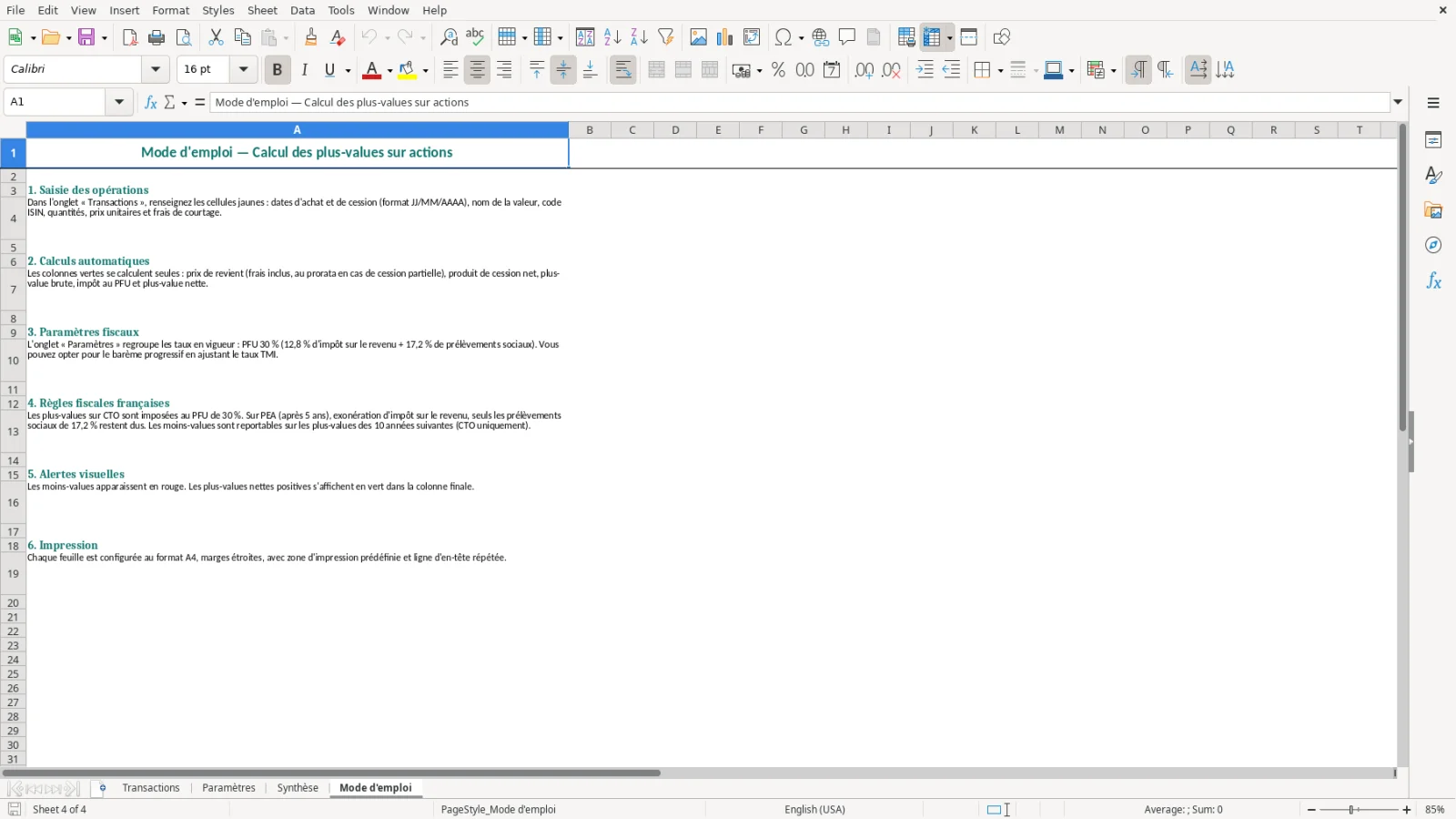 Capture de la feuille Mode d'emploi du modèle Excel Plus-Value Actions Excel – Modèle Gratuit (2026)