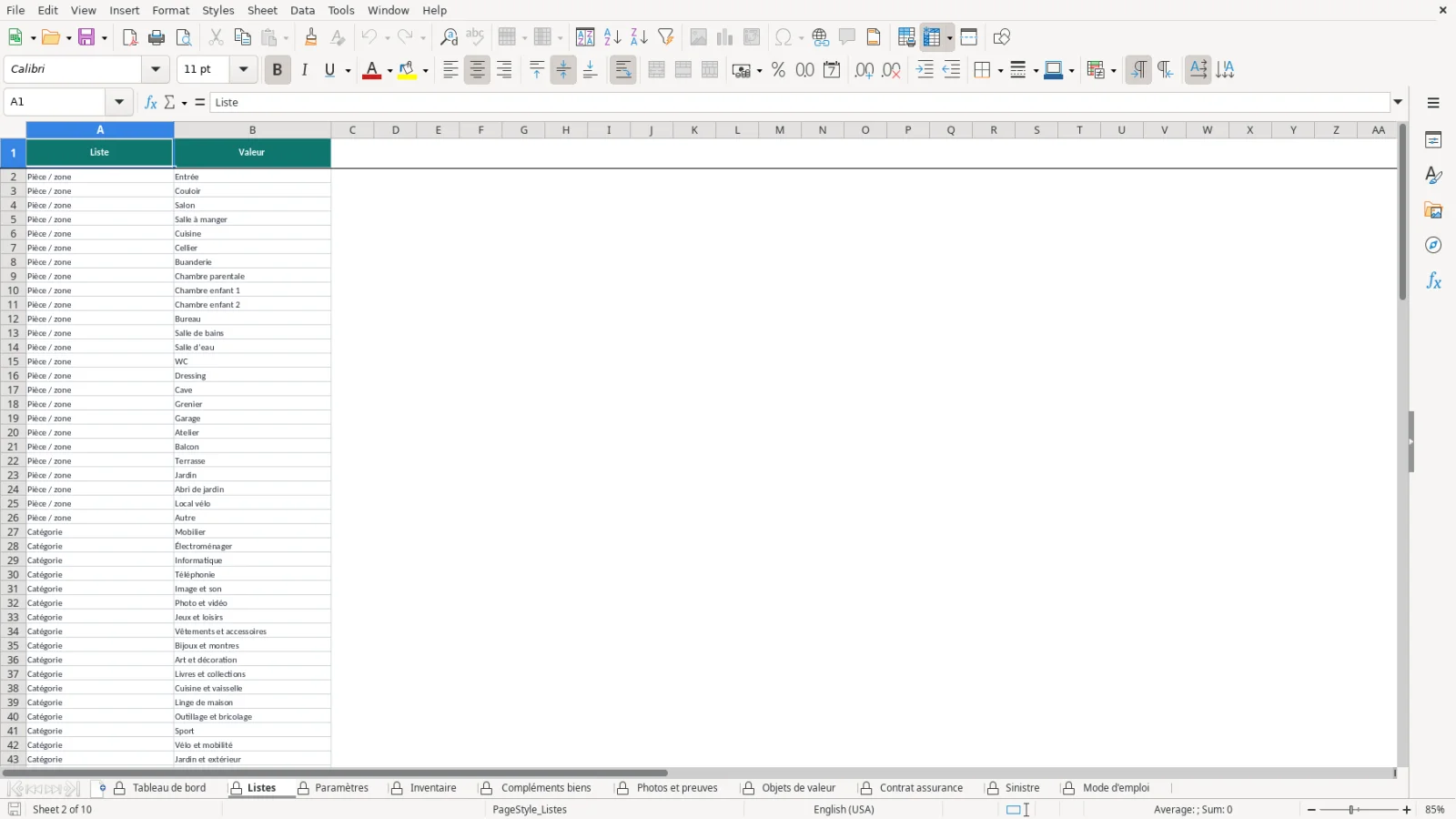 Capture de la feuille Listes du modèle Excel Inventaire Maison Assurance Excel – Modèle Gratuit (2026)