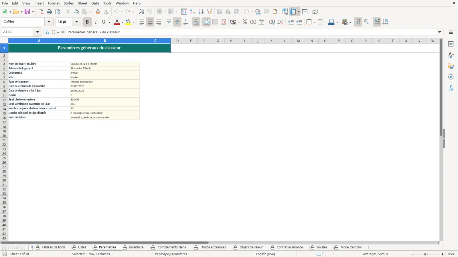 Capture de la feuille Paramètres du modèle Excel Inventaire Maison Assurance Excel – Modèle Gratuit (2026)