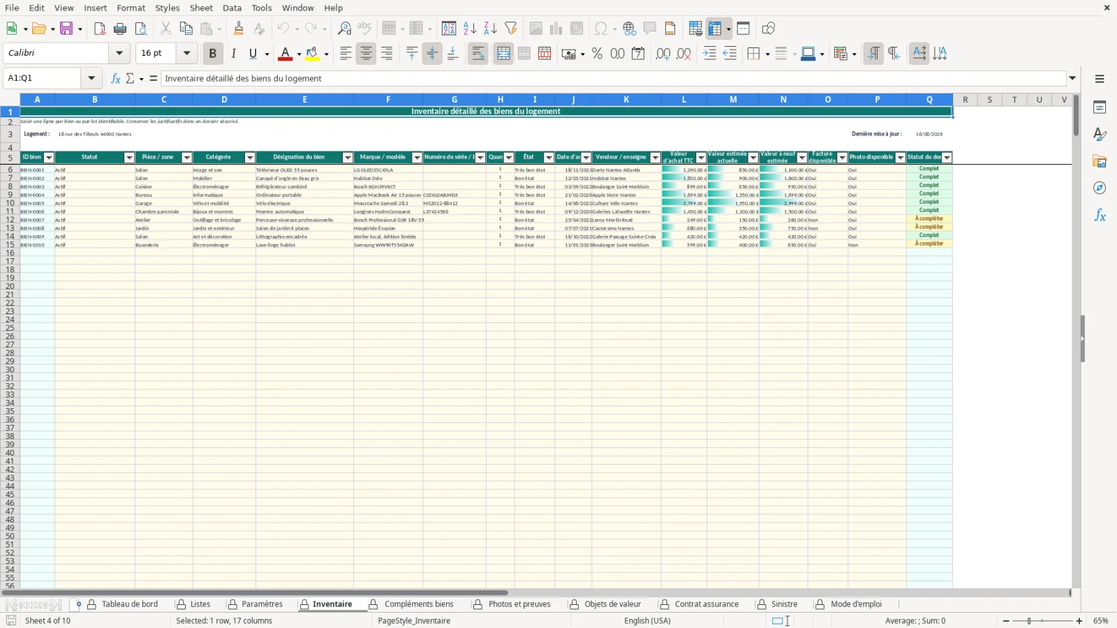 Capture de la feuille Inventaire du modèle Excel Inventaire Maison Assurance Excel – Modèle Gratuit (2026)