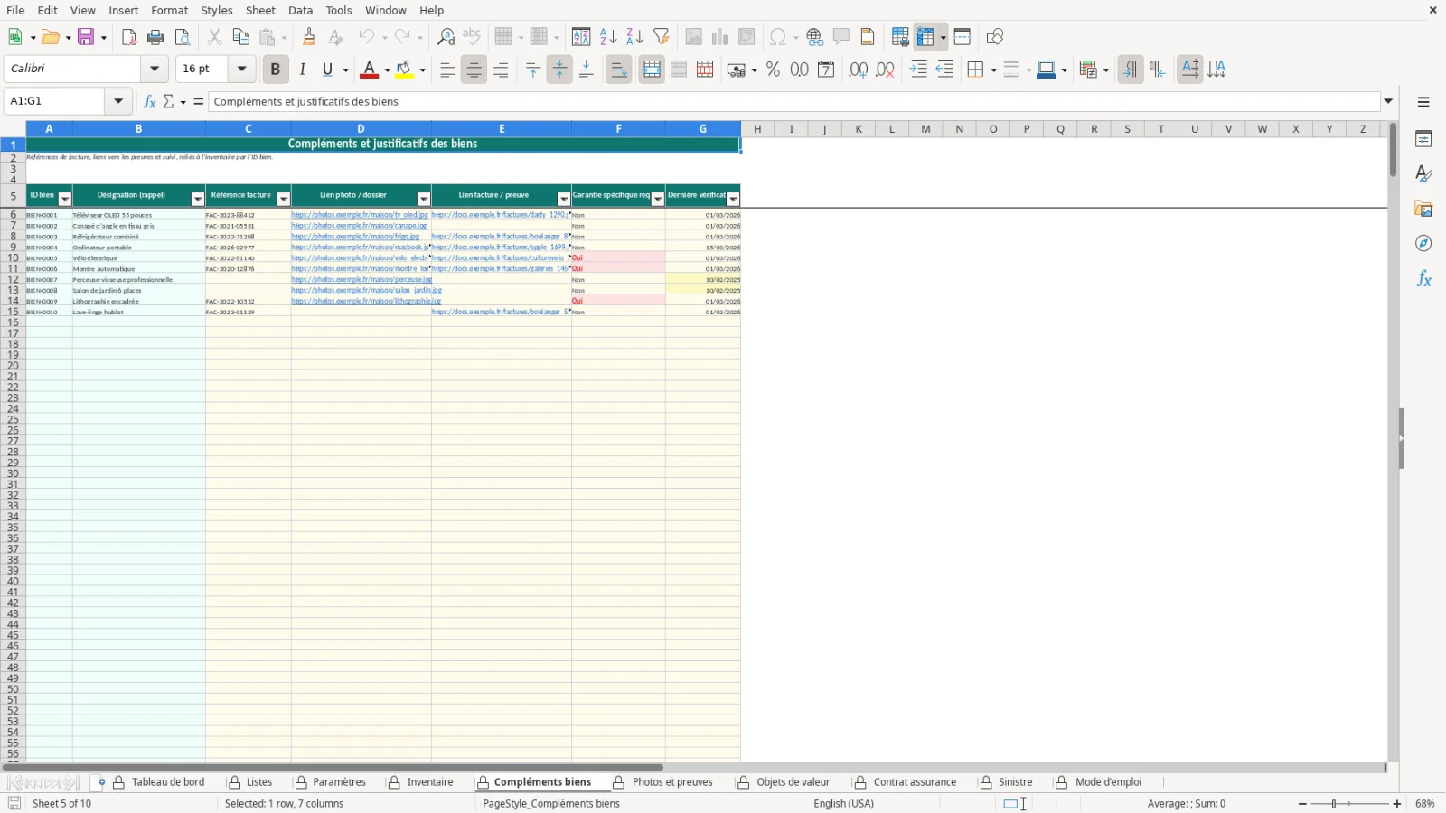 Capture de la feuille Compléments biens du modèle Excel Inventaire Maison Assurance Excel – Modèle Gratuit (2026)