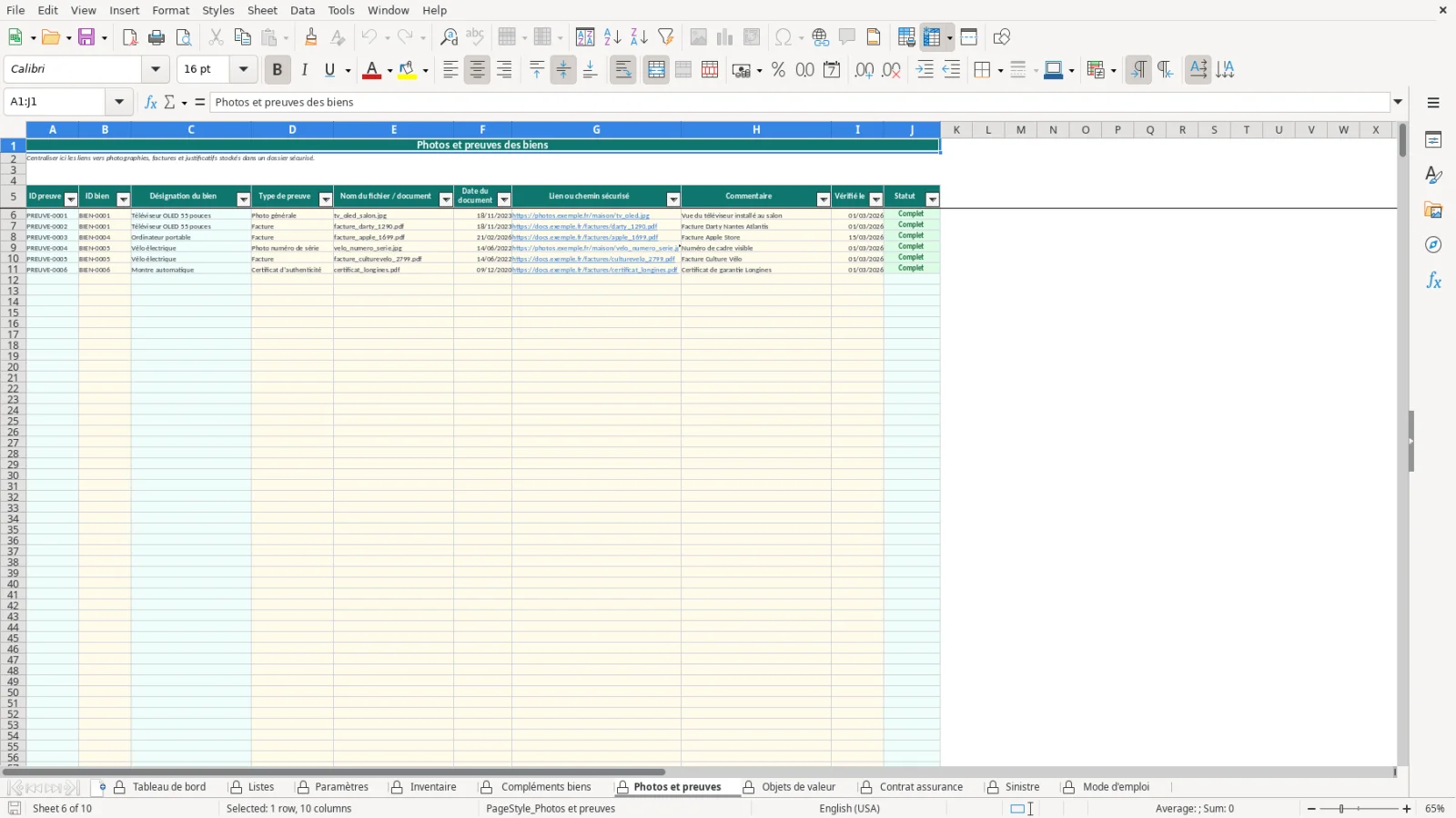 Capture de la feuille Photos et preuves du modèle Excel Inventaire Maison Assurance Excel – Modèle Gratuit (2026)