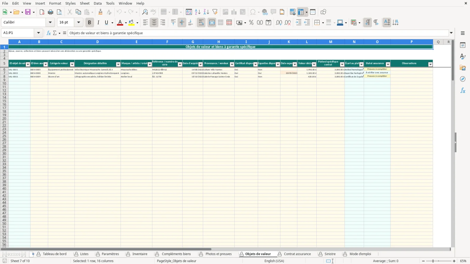 Capture de la feuille Objets de valeur du modèle Excel Inventaire Maison Assurance Excel – Modèle Gratuit (2026)