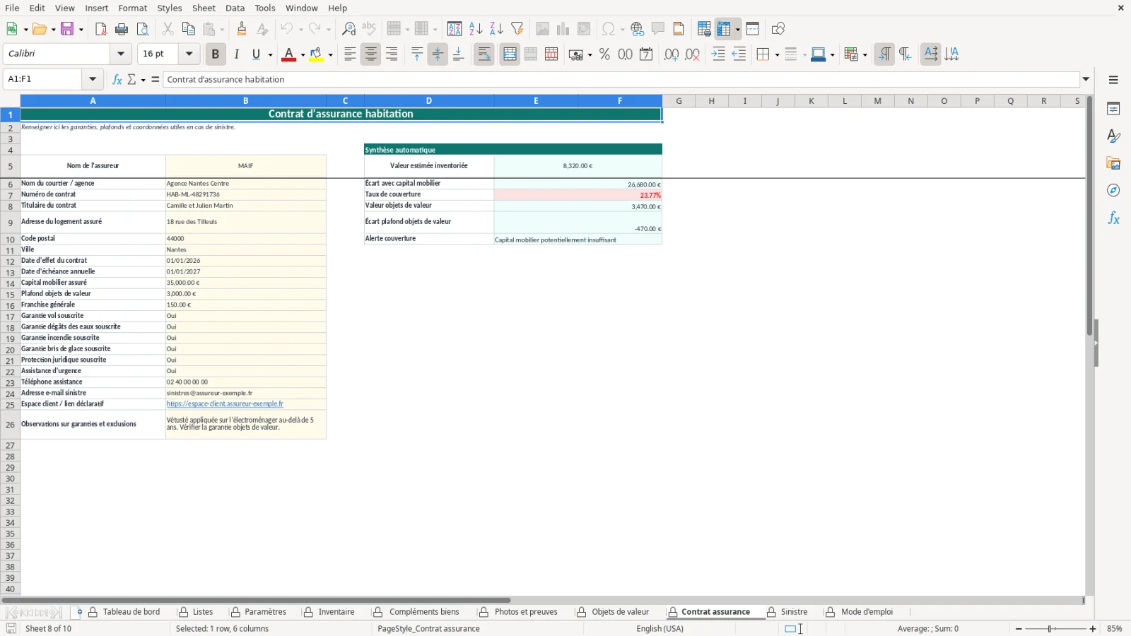 Capture de la feuille Contrat assurance du modèle Excel Inventaire Maison Assurance Excel – Modèle Gratuit (2026)