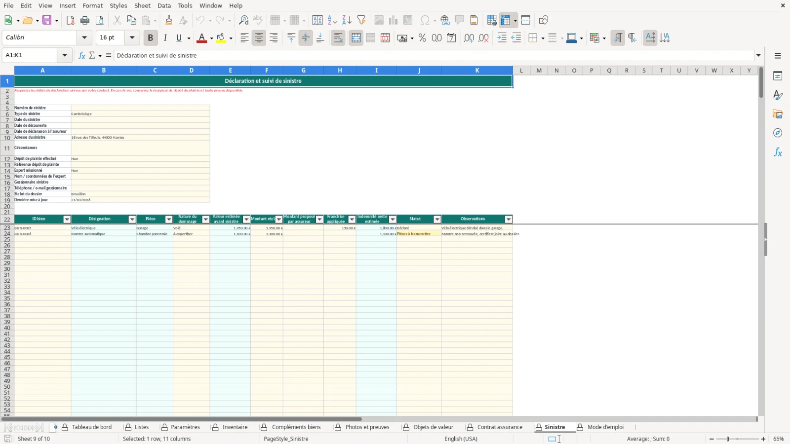 Capture de la feuille Sinistre du modèle Excel Inventaire Maison Assurance Excel – Modèle Gratuit (2026)