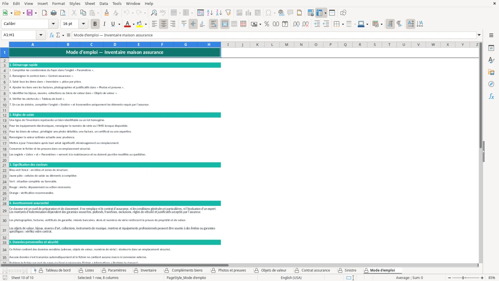 Capture de la feuille Mode d'emploi du modèle Excel Inventaire Maison Assurance Excel – Modèle Gratuit (2026)