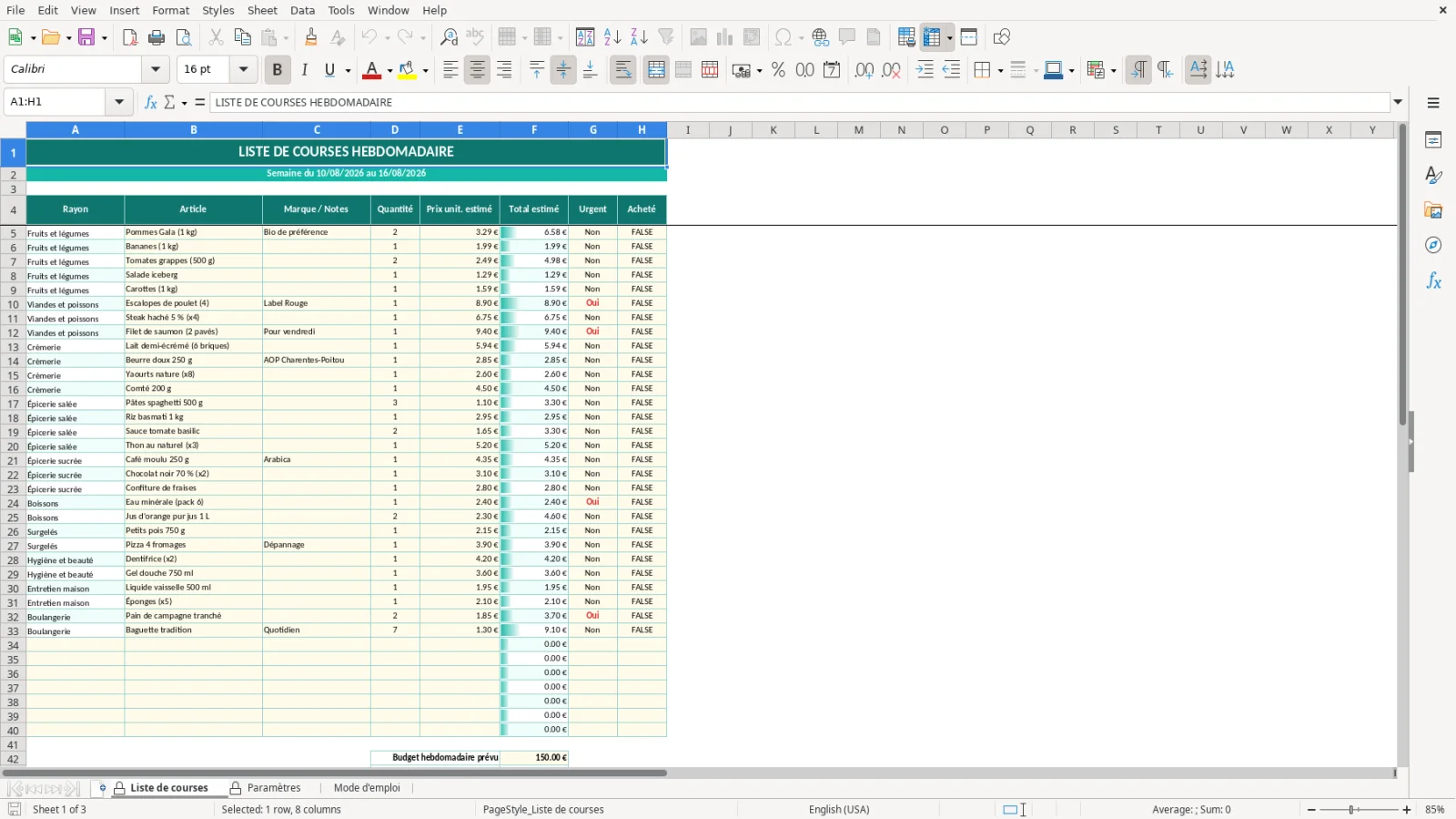 Capture de la feuille Liste de courses du modèle Excel Liste Courses Hebdomadaire Excel – Modèle Gratuit (2026)