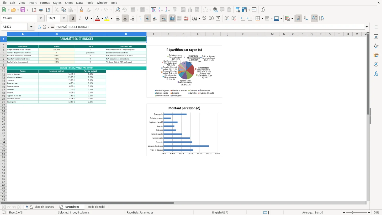 Capture de la feuille Paramètres du modèle Excel Liste Courses Hebdomadaire Excel – Modèle Gratuit (2026)
