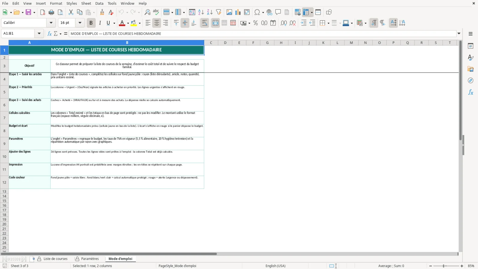 Capture de la feuille Mode d'emploi du modèle Excel Liste Courses Hebdomadaire Excel – Modèle Gratuit (2026)
