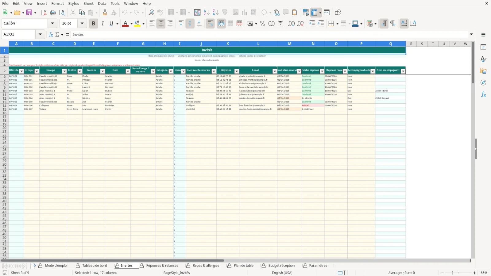 Capture de la feuille Invités du modèle Excel Liste Invités Mariage Excel – Modèle Gratuit (2026)