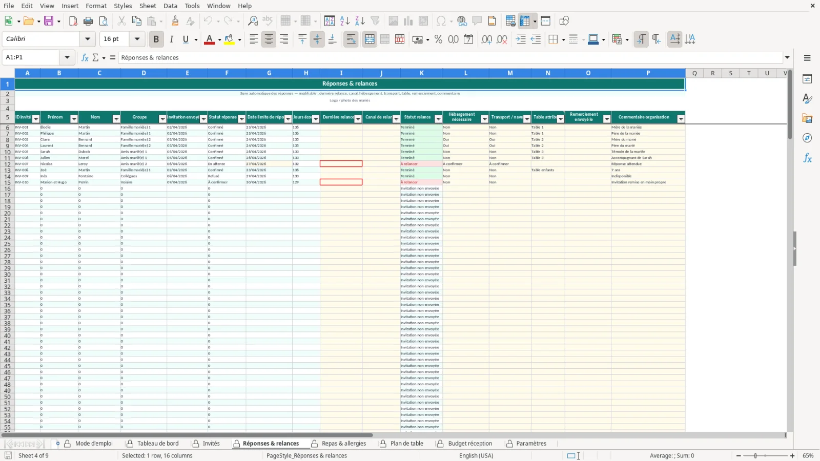 Capture de la feuille Réponses & relances du modèle Excel Liste Invités Mariage Excel – Modèle Gratuit (2026)