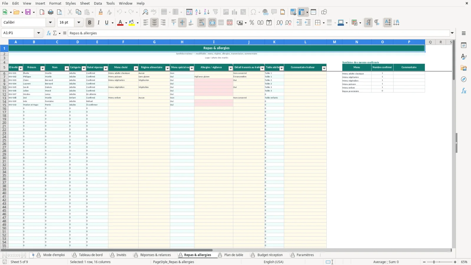 Capture de la feuille Repas & allergies du modèle Excel Liste Invités Mariage Excel – Modèle Gratuit (2026)