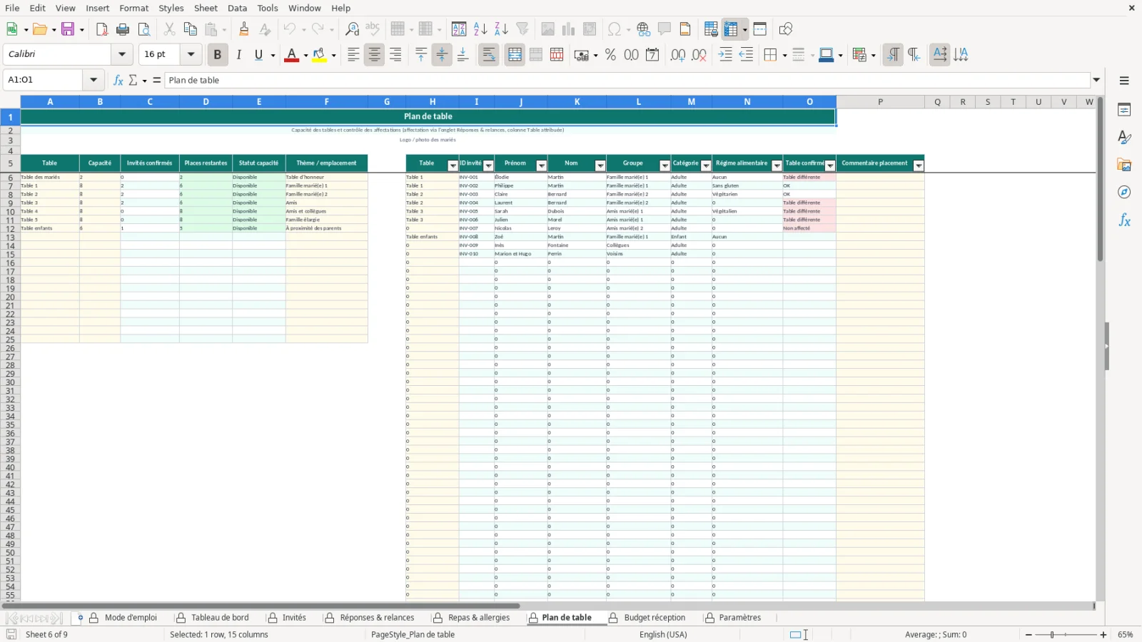 Capture de la feuille Plan de table du modèle Excel Liste Invités Mariage Excel – Modèle Gratuit (2026)