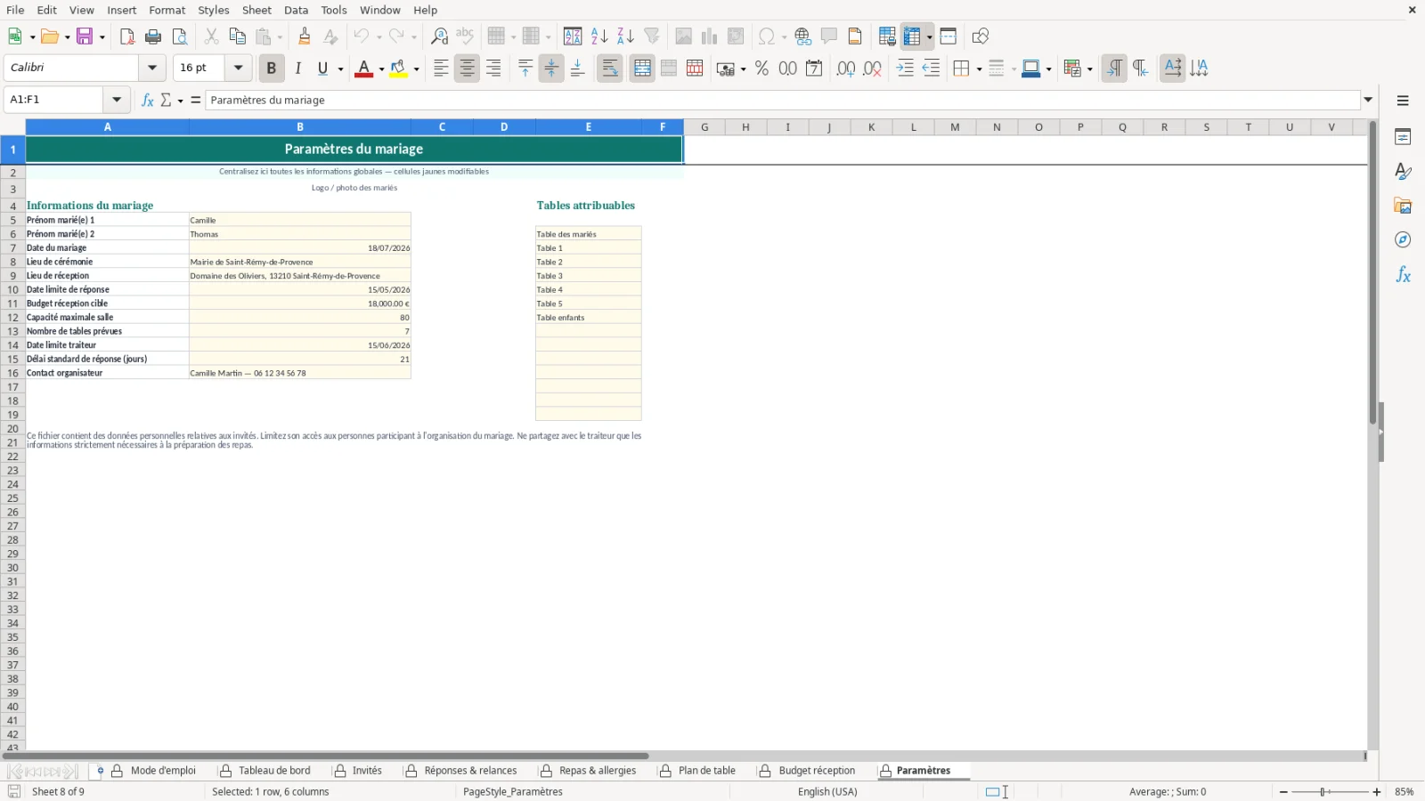 Capture de la feuille Paramètres du modèle Excel Liste Invités Mariage Excel – Modèle Gratuit (2026)