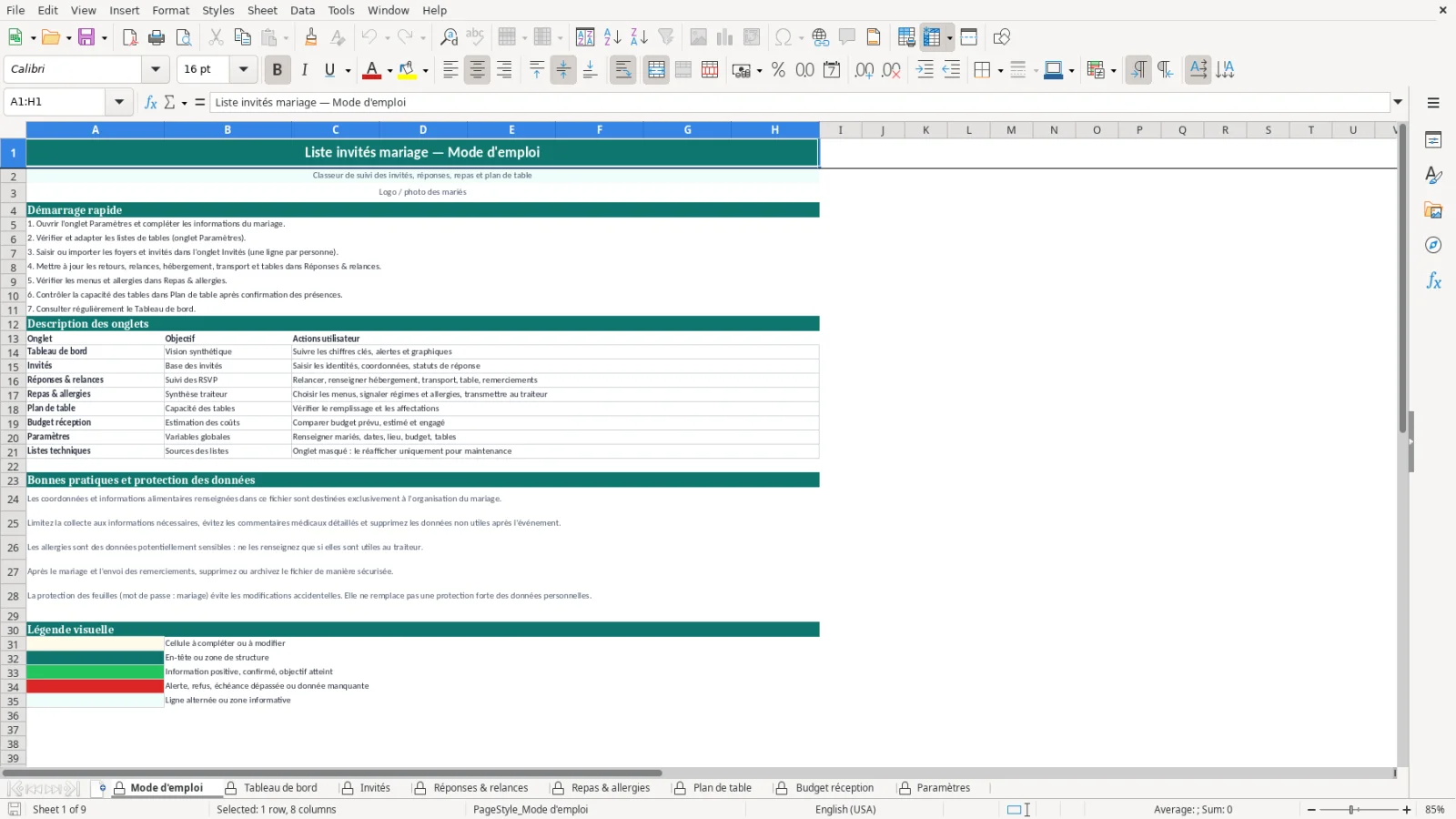 Capture de la feuille Listes techniques du modèle Excel Liste Invités Mariage Excel – Modèle Gratuit (2026)