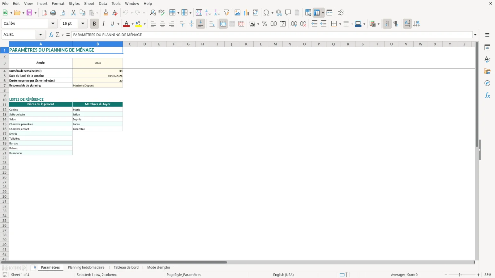 Capture de la feuille Paramètres du modèle Excel Planning Ménage Excel – Modèle Gratuit (2026)