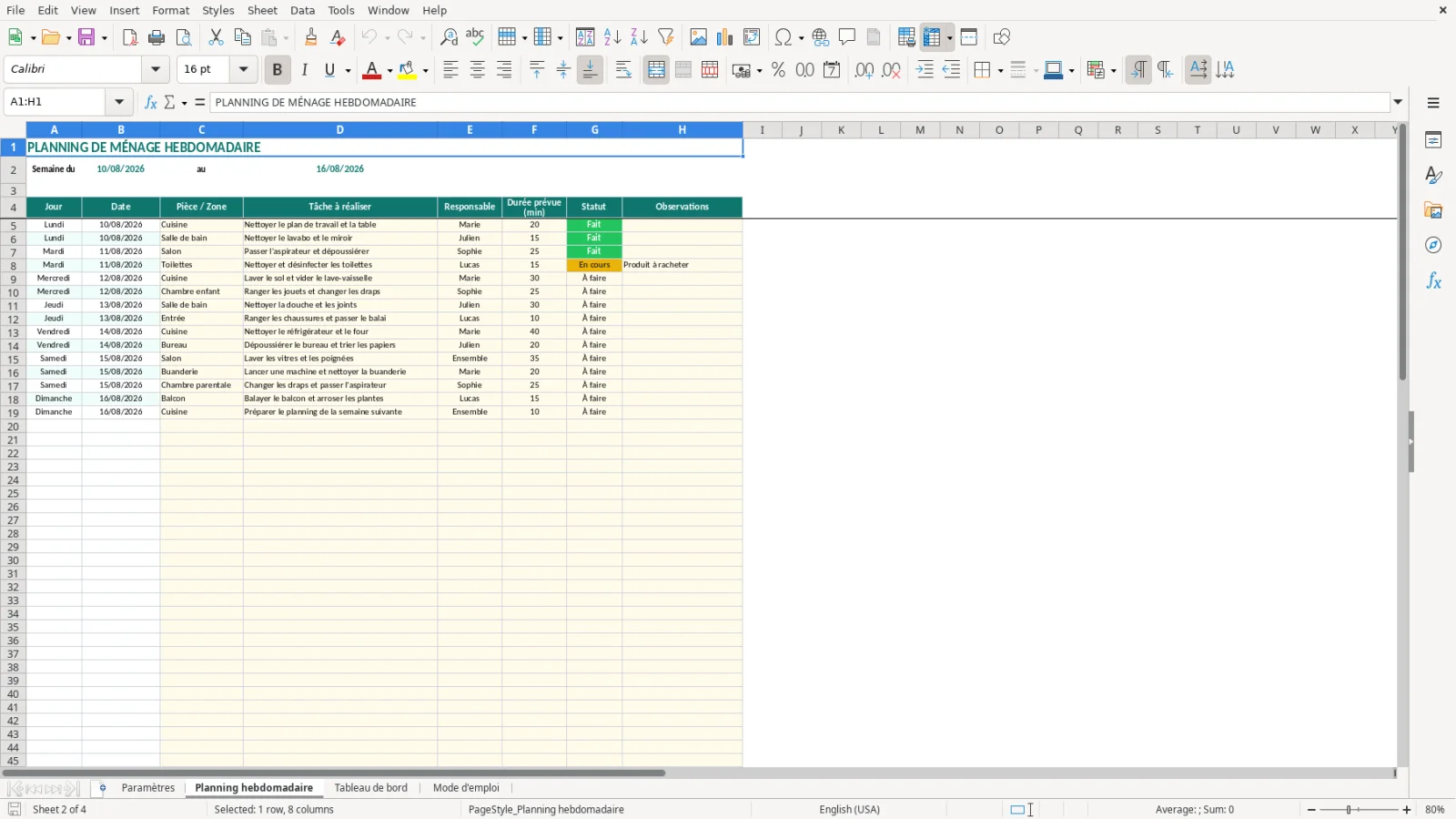 Capture de la feuille Planning hebdomadaire du modèle Excel Planning Ménage Excel – Modèle Gratuit (2026)