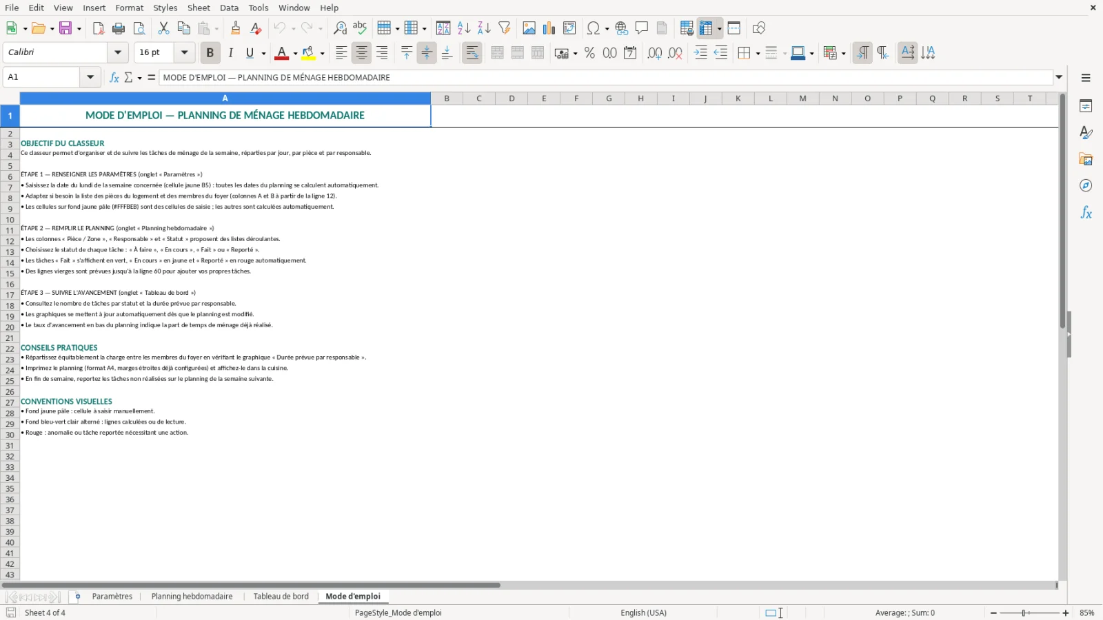Capture de la feuille Mode d'emploi du modèle Excel Planning Ménage Excel – Modèle Gratuit (2026)