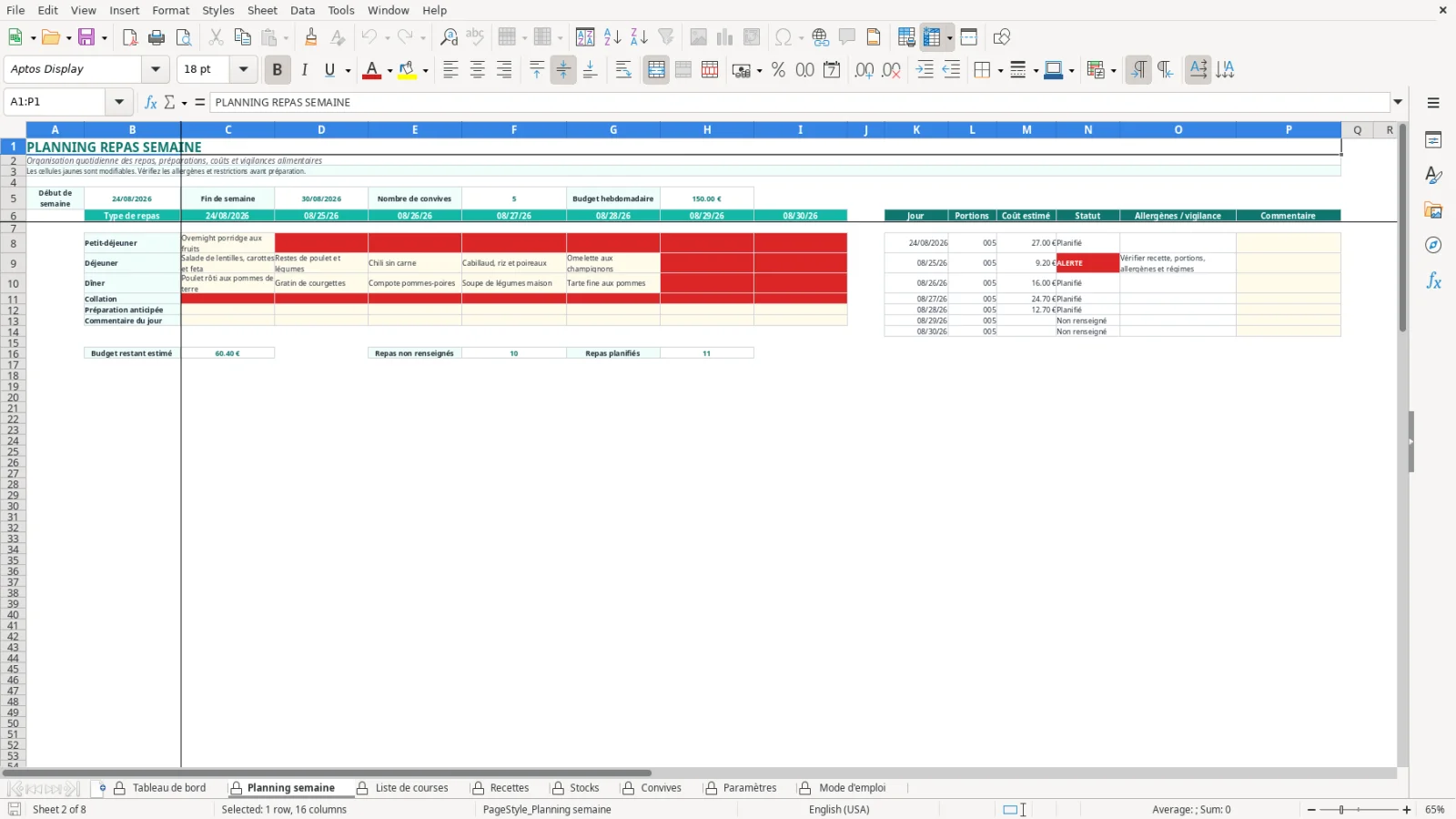 Capture de la feuille Planning semaine du modèle Excel Planning Repas Semaine Excel – Modèle Gratuit (2026)