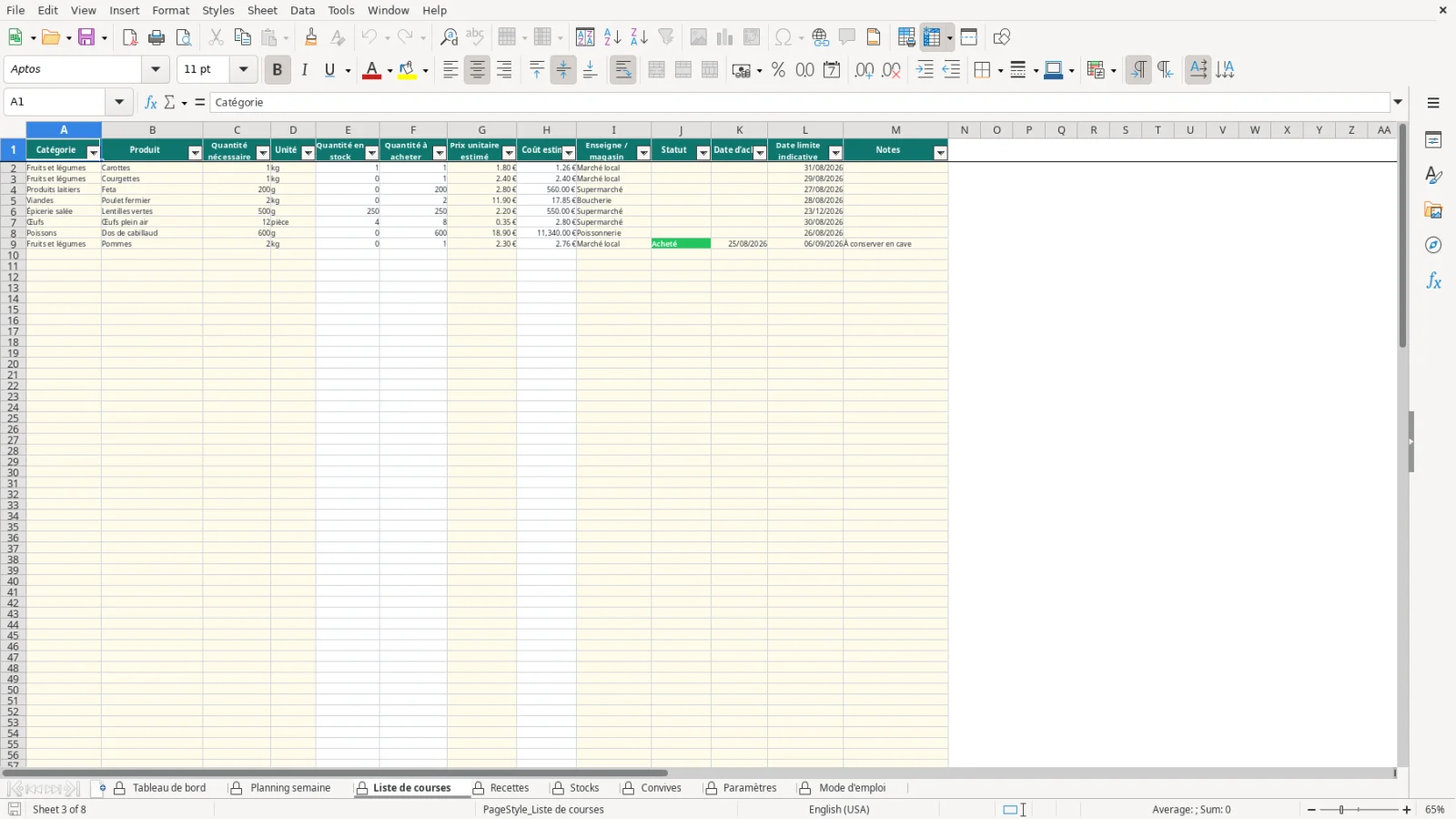 Capture de la feuille Liste de courses du modèle Excel Planning Repas Semaine Excel – Modèle Gratuit (2026)