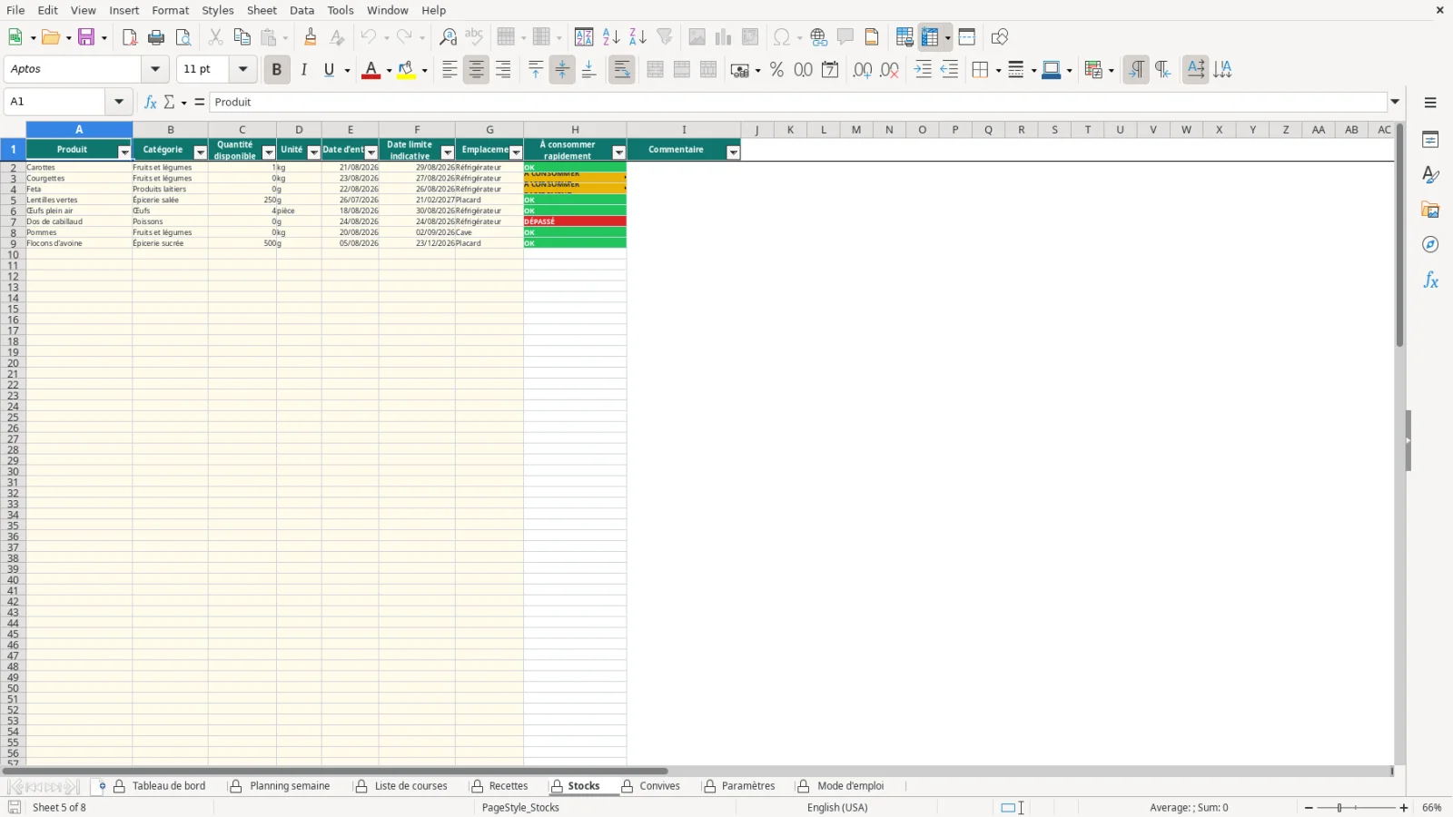 Capture de la feuille Stocks du modèle Excel Planning Repas Semaine Excel – Modèle Gratuit (2026)