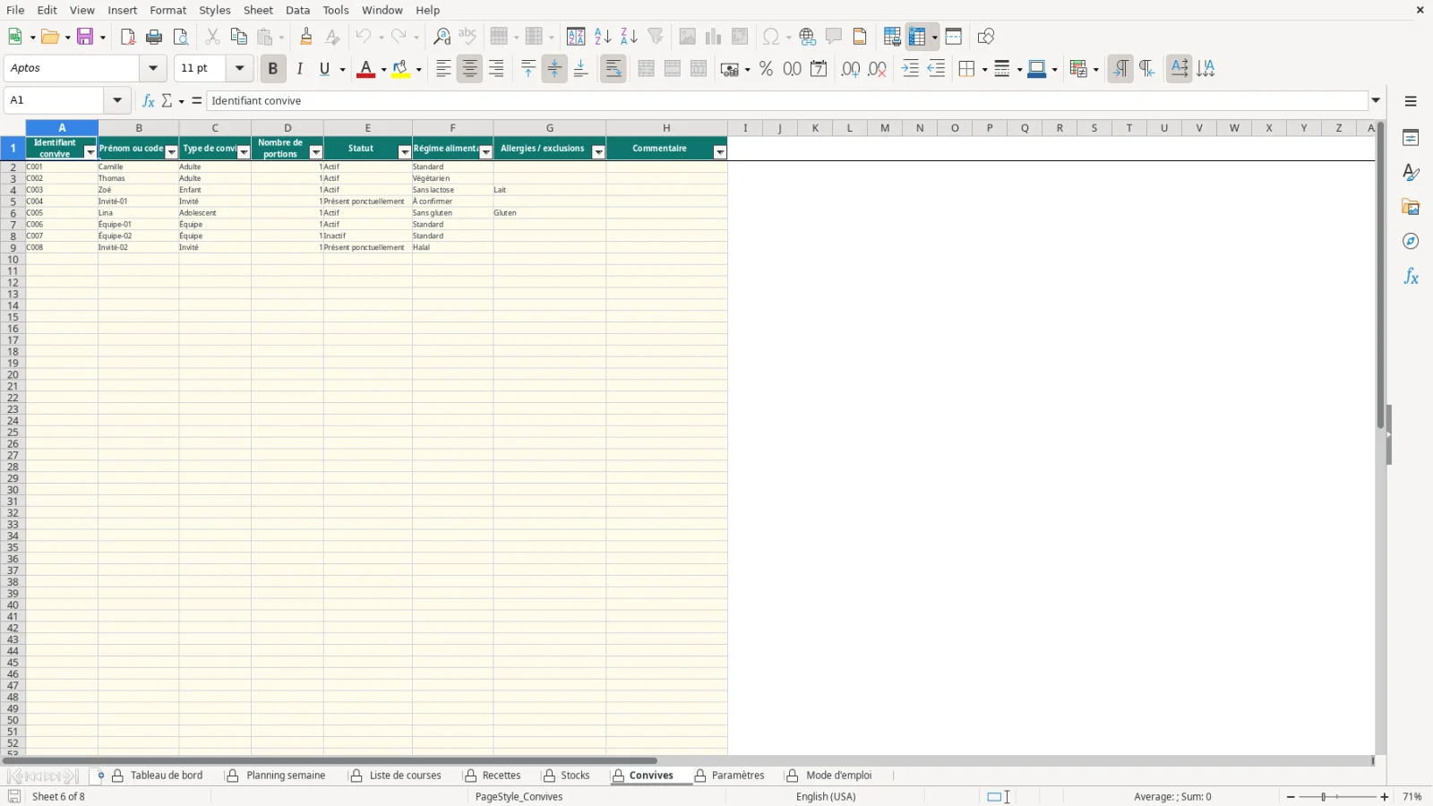 Capture de la feuille Convives du modèle Excel Planning Repas Semaine Excel – Modèle Gratuit (2026)