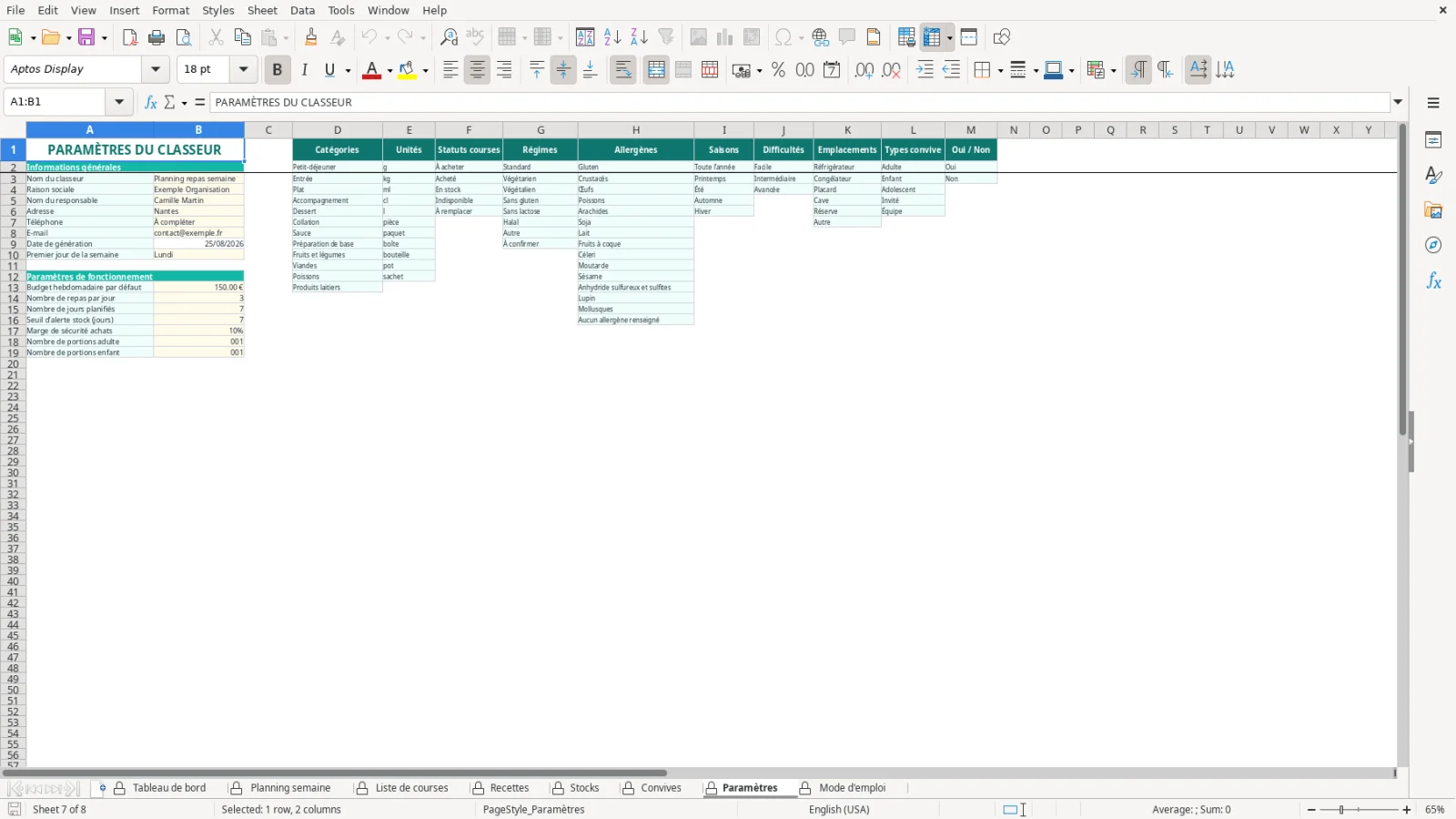 Capture de la feuille Paramètres du modèle Excel Planning Repas Semaine Excel – Modèle Gratuit (2026)