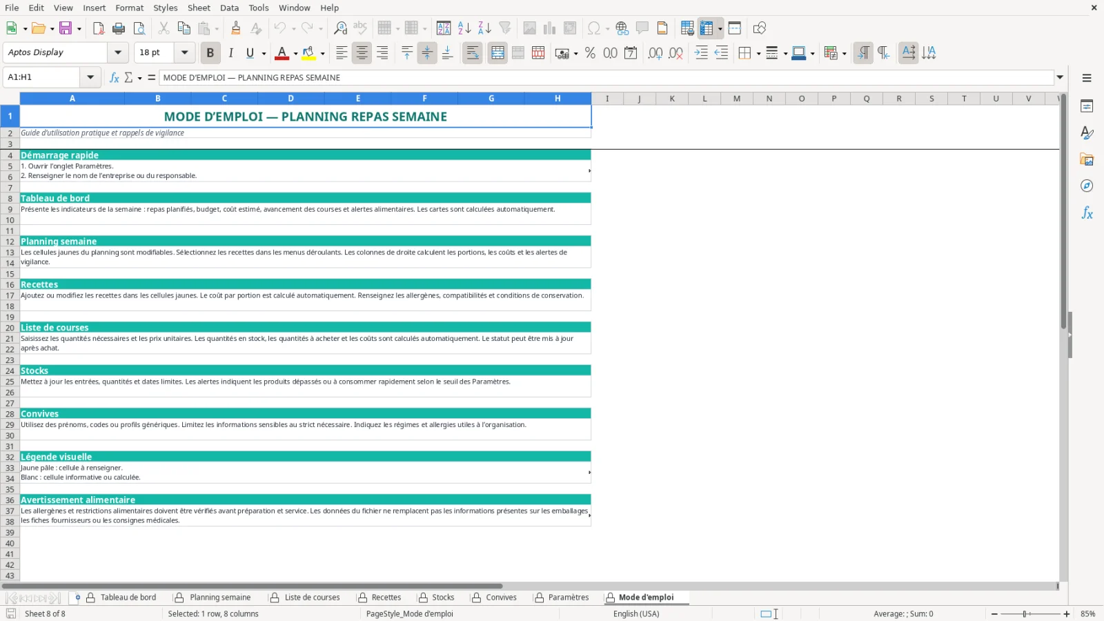 Capture de la feuille Mode d'emploi du modèle Excel Planning Repas Semaine Excel – Modèle Gratuit (2026)