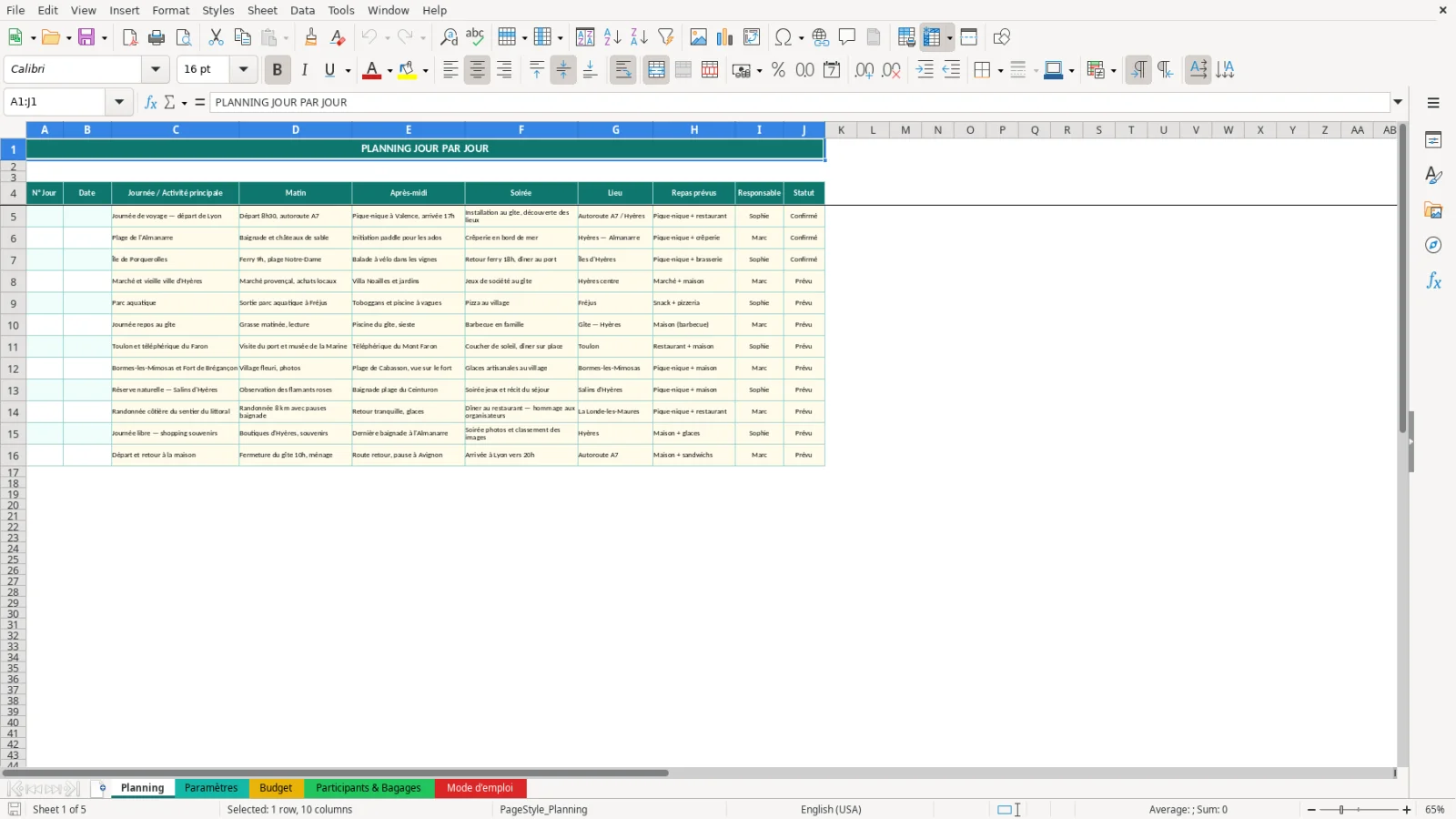 Capture de la feuille Planning du modèle Excel Planning Vacances Famille Excel – Modèle Gratuit (2026)