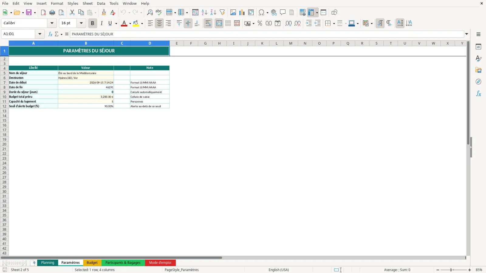 Capture de la feuille Paramètres du modèle Excel Planning Vacances Famille Excel – Modèle Gratuit (2026)