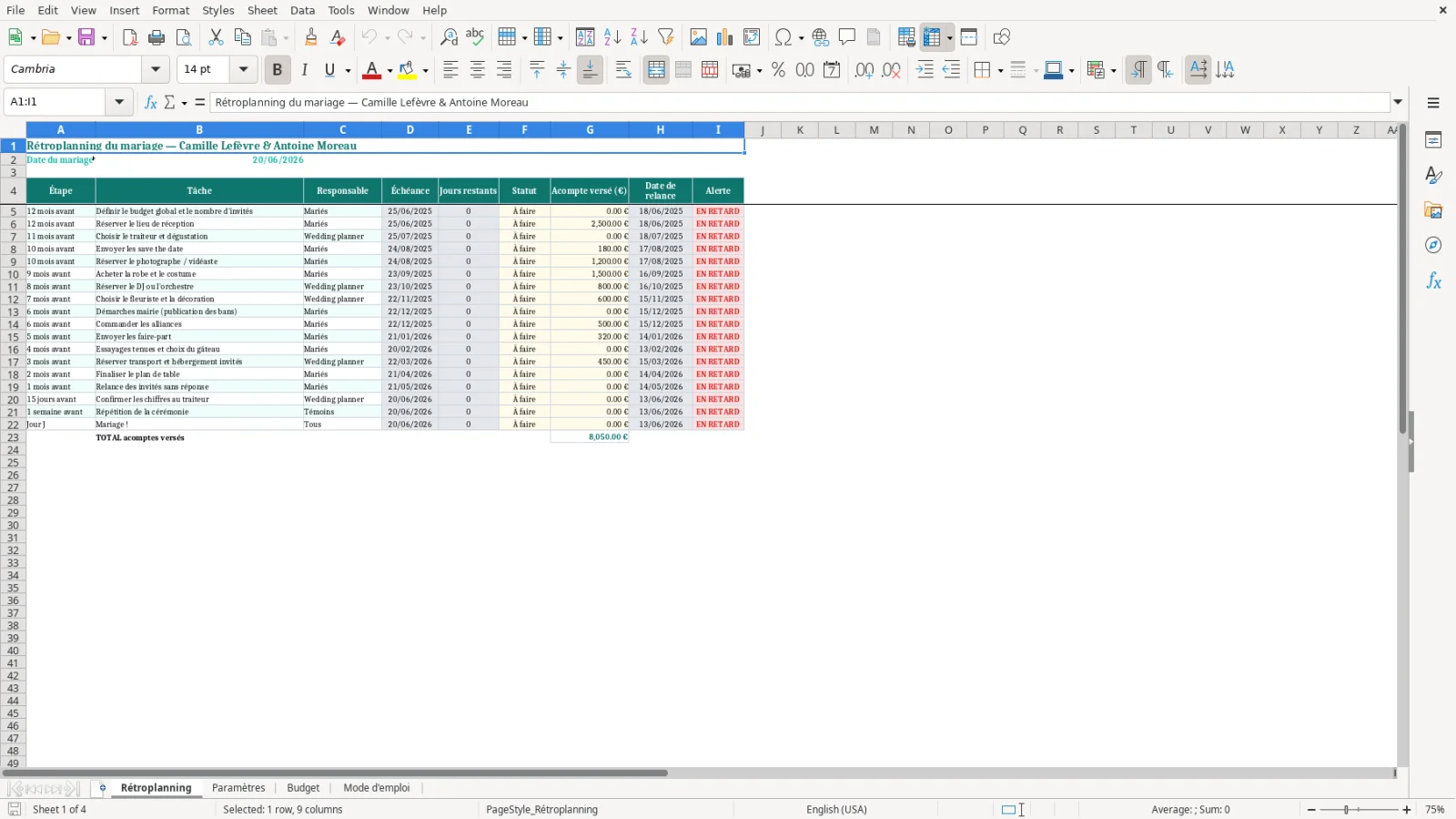 Capture de la feuille Rétroplanning du modèle Excel Rétroplanning Mariage Excel – Modèle Gratuit (2026)