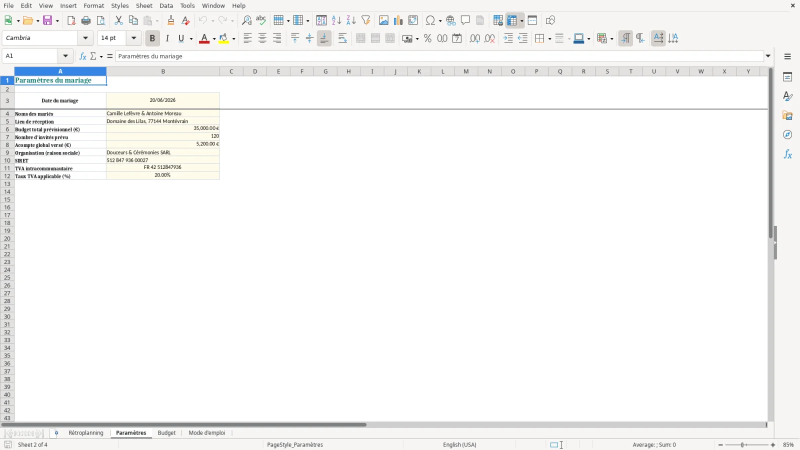 Capture de la feuille Paramètres du modèle Excel Rétroplanning Mariage Excel – Modèle Gratuit (2026)