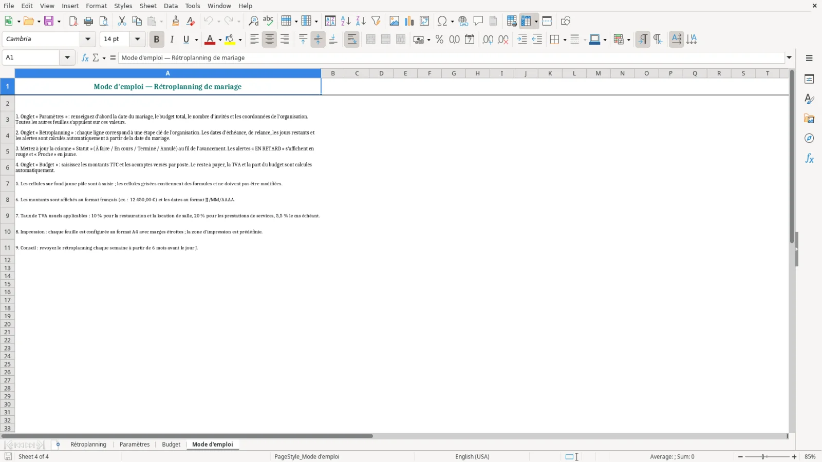 Capture de la feuille Mode d'emploi du modèle Excel Rétroplanning Mariage Excel – Modèle Gratuit (2026)