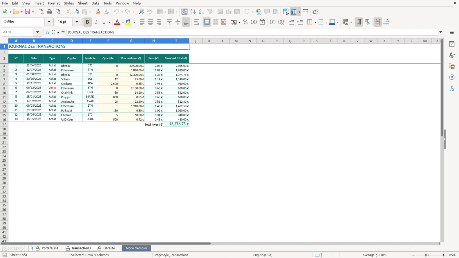 Capture de la feuille Transactions du modèle Excel Suivi Crypto Monnaies Excel – Modèle Gratuit (2026)