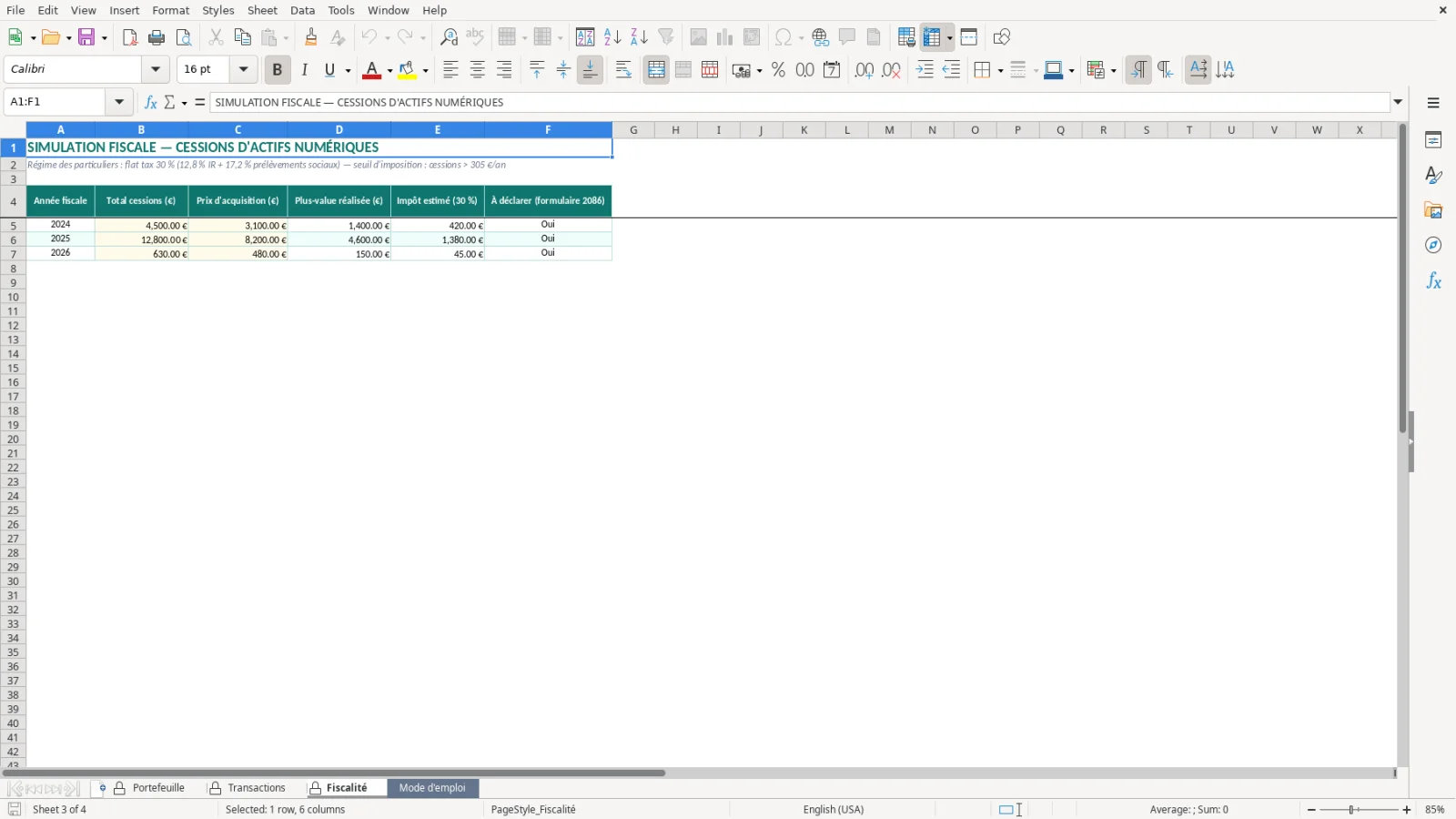 Capture de la feuille Fiscalité du modèle Excel Suivi Crypto Monnaies Excel – Modèle Gratuit (2026)