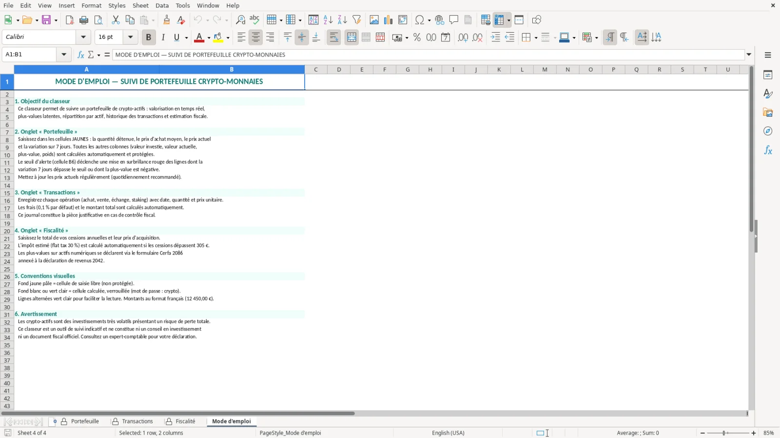 Capture de la feuille Mode d'emploi du modèle Excel Suivi Crypto Monnaies Excel – Modèle Gratuit (2026)
