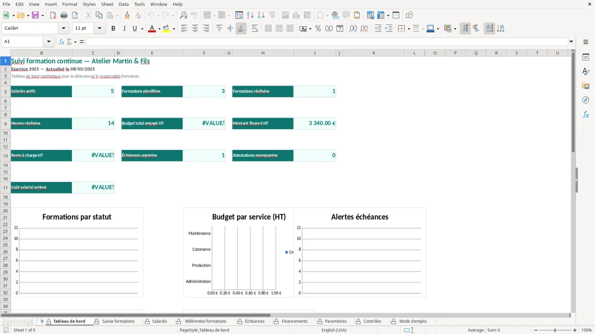 Capture d'écran 1 : Feuille Tableau de bord - Modèle Excel suivi formation continue excel
