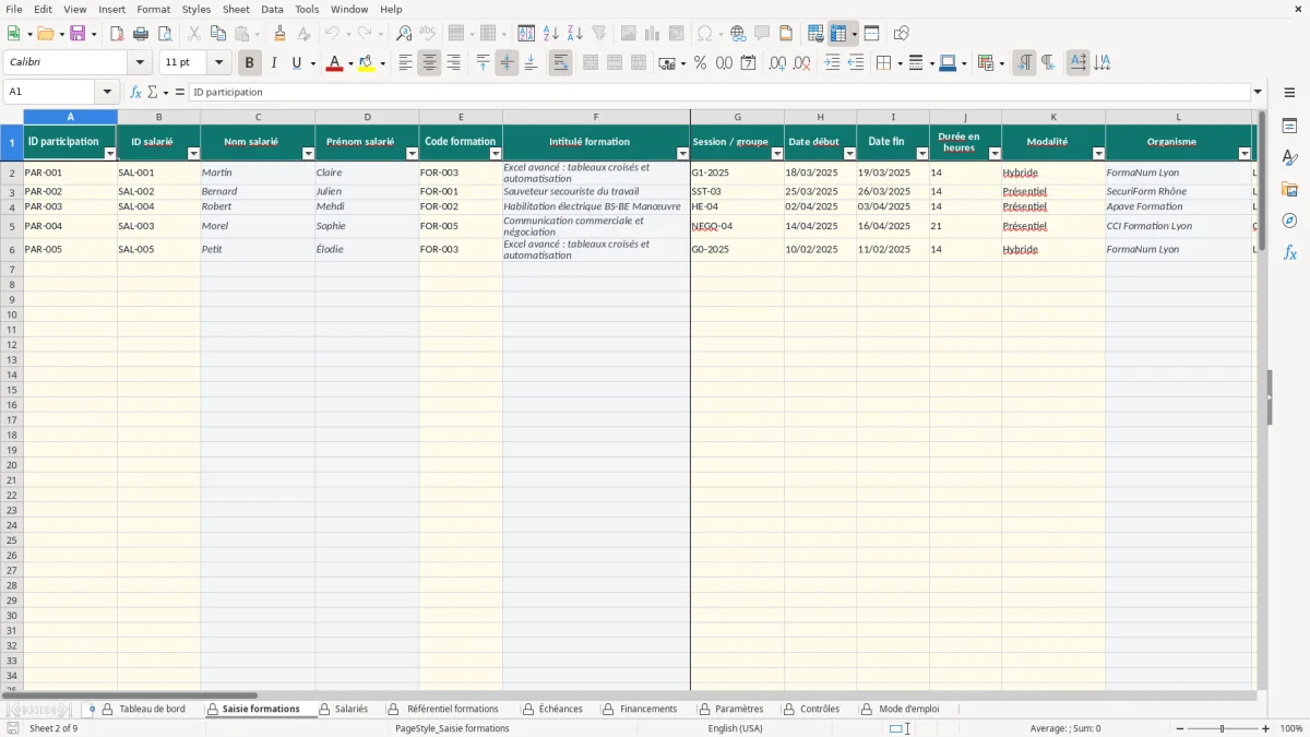 Capture d'écran 2 : Feuille Saisie formations - Modèle Excel suivi formation continue excel