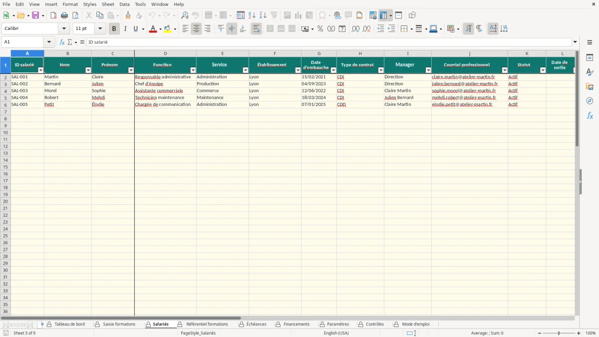Capture d'écran 3 : Feuille Salariés - Modèle Excel suivi formation continue excel