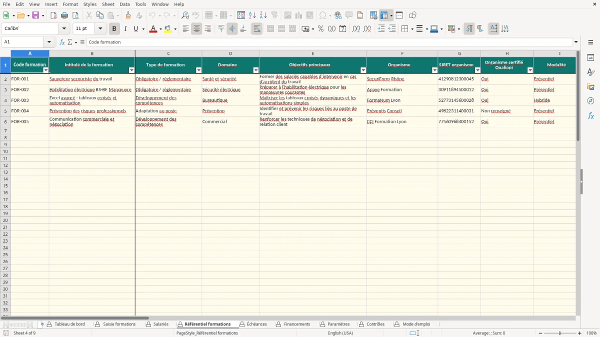 Capture d'écran 4 : Feuille Référentiel formations - Modèle Excel suivi formation continue excel